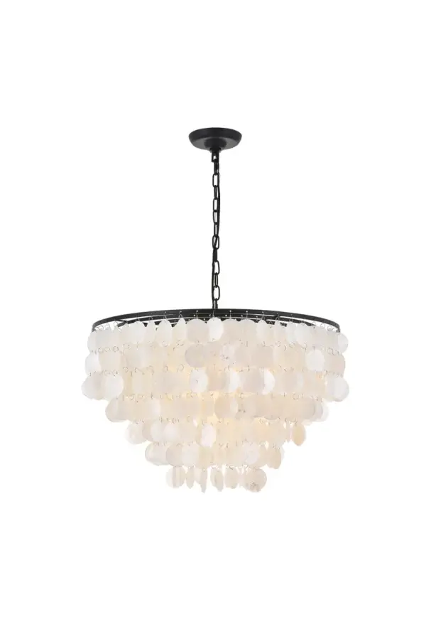 The gentleness of the Selene collection pendant lamp in a black finish elicits the calm temperament of the moon and the coy-- yet soothing, light it emits. Weaving through the myriad of the draped shell curtains, the illumination creates a new design every time, whether it is the shadows and highlights that changes with the direction of the light, just as the moon goes through its phases, or the shadows casted with every slight movement of the white shells. A wonderful addition to any home--foyer, living room, or a child's room. Collection: Selene Rooms: living room, kitchen, office, hallway Finish: Black and White Width: 25.60" Height: 17.50" Length: 25.60" Weight: 12.00 lb Chain: 59"Black Wire: 79" BLACK Canopy: 5.1"x1.3" Number of Bulbs: 6 Maximum Wattage: 40.00 W Bulb Type: B10 Bulb Base: E12 Dimmable Voltage: 120.00 V Material: iron and Shell Country of Origin: China Safety Listing: ETL Safety Rating: Dry Title 20 Title 24 Manufacturer Warranty: 1 year limited Spec Sheet