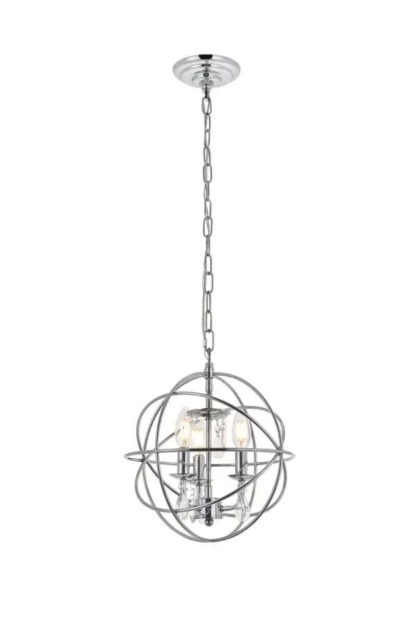 The Wallace collection pendant lamp in a chrome finish creates a shining world of beautiful illumination and glittering glamour. The open sphere encases the lights that illuminates, while the crystals hanging gently from the bobeches offer refined beauty and sparkling allure as light passes through. Without a doubt of mind, the intricate design will surely please you and your guests as it hangs stylishly in your home. Collection: Wallace Rooms: living room, kitchen, office, hallway Finish: Chrome and Clear Crystal: CLEAR Width: 12.00" Height: 13.60" Length: 12.00" Weight: 5.00 lb Chain: 59"CHROME Wire: 79" Clear Canopy: 5.3"x1.3" Number of Bulbs: 3 Maximum Wattage: 40.00 W Bulb Type: B10 Bulb Base: E12 Dimmable Voltage: 120.00 V Material: iron and Crystal Country of Origin: China Safety Listing: ETL Safety Rating: Dry Title 20 Title 24 Manufacturer Warranty: 1 year limited Spec Sheet