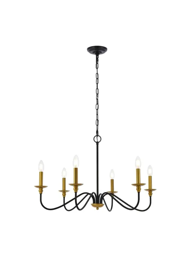 When you need a chandelier to brighten and accentuate a space without visually overpowering it, look to the clean, airy silhouette of the Rohan model. This tastefully simple fixture is Noteworthy for its understated beauty in a relatively large 30 inch span, with six gracefully undulating arms reaching wide to support petite bobèches and candelabra-style stems (bulbs Not included). Collection: Rohan Rooms: entry way, hallway, bedroom, bathroom, living room Finish: Brass and Black Width: 30.00" Height: 18.00" Length: 30.00" Weight: 5.00 lb Chain: 60"matte black Wire: 79" Black Canopy: 5.2"x1.5" Number of Bulbs: 6 Maximum Wattage: 40.00 W Bulb Type: B10 Bulb Base: E12 Dimmable Voltage: 110.00 V Material: iron Country of Origin: China Safety Listing: ETL Safety Rating: Dry Title 20 Title 24 Manufacturer Warranty: 1 year limited Spec Sheet