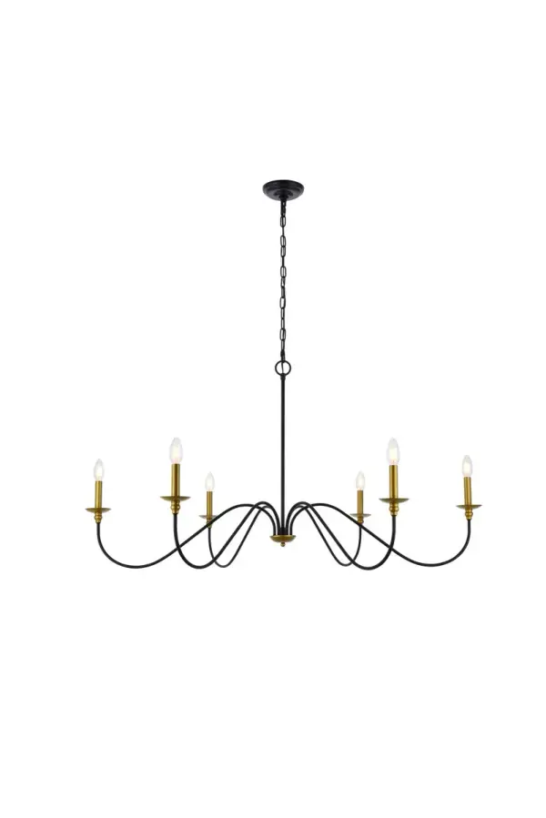 When you need a chandelier to brighten and accentuate a space without visually overpowering it, look to the clean, airy silhouette of the Rohan model. This tastefully simple fixture is Noteworthy for its understated beauty in a relatively large 48 inch span, with six gracefully undulating arms reaching wide to support petite bobèches and candelabra-style stems (bulbs Not included). Collection: Rohan Rooms: entry way, hallway, bedroom, bathroom, living room Finish: Brass and Black Width: 48.00" Height: 25.00" Length: 48.00" Weight: 6.00 lb Chain: 60"matte black Wire: 79" Black Canopy: 5.2"x1.5" Number of Bulbs: 6 Maximum Wattage: 40.00 W Bulb Type: B10 Bulb Base: E12 Dimmable Voltage: 110.00 V Material: iron Country of Origin: China Safety Listing: ETL Safety Rating: Dry Title 20 Title 24 Manufacturer Warranty: 1 year limited Spec Sheet