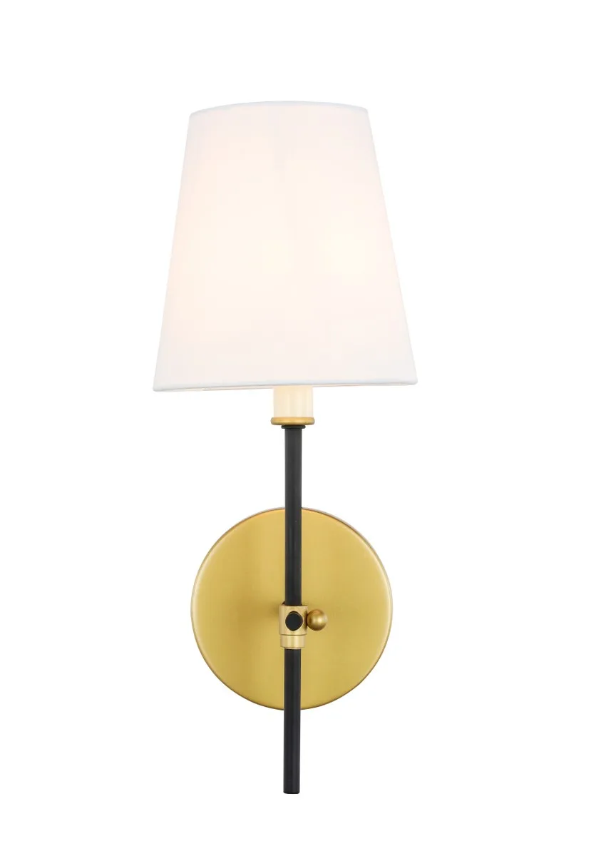 Mel One Light Wall Sconce in Brass and Black and White shade