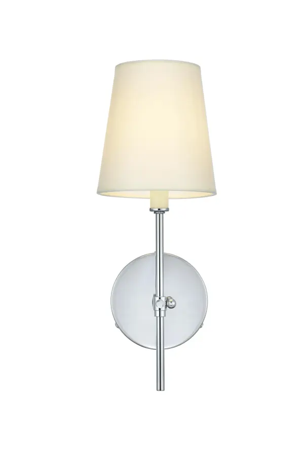 Dimensions
Width: 5.5"
Height: 15"
Extension: 6"
Wire Length: 8"
Specifications
Assembly Required: Yes
Bulb Included: No
Crystal/Glass Color: Clear
Dimmable: Yes
Dry/Wet/Damp: Damp
ETL: yes
Finish (Color): Chrome
Fixture Material: Iron and Fabric shade
Hardware Finish: Chrome
Harware Material: Iron
Max/Nominal Watt: 40W
Number of Lights: 1
Product Type: Vanity Lights
Product Warranty: 1 year limited
Socket Type: E12
UL & ULC Standard: No
Voltage: 110V
Wattage/Bulb: 40W
Weight: 1
Wire Included: Yes
Shipment type: Small Parcel