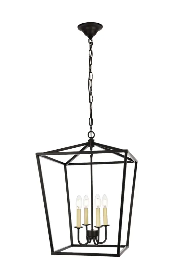 The Maddox collection brings the warmth and charm of the classic "coach light" into your dining room, foyer, or family room. This universally familiar shape features four tapered, inverted trapezoids topped by a clear pyramidal canopy. Four medium-base E26 antique-style filament bulb (Not included) casts light in all directions. The sleek Metal frames and matching hanging chains are available in Black. These cozy pendant lamps complement any home's décor. Collection: Maddox Rooms: Foyer, office, kitchen Finish: Black Width: 17.00" Height: 24.25" Length: 17.00" Weight: 9.00 lb Chain: 60"Black Wire: 78.7" Black Canopy: 5.1"x2" Number of Bulbs: 4 Maximum Wattage: 40.00 W Bulb Type: B10 Bulb Base: E12 Dimmable Voltage: 110.00 V Material: Metal Country of Origin: China Safety Listing: ETL Safety Rating: Dry Title 20 Title 24 Manufacturer Warranty: 1 year limited Spec Sheet