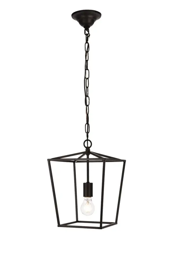 The Maddox collection brings the warmth and charm of the classic "coach light" into your dining room, foyer, or family room. This universally familiar shape features four tapered, inverted trapezoids topped by a clear pyramidal canopy. One medium-base E26 antique-style filament bulb (Not included) casts light in all directions. The sleek Metal frames and matching hanging chains are available in Black. These cozy pendant lamps complement any home's décor. Collection: Maddox Rooms: Foyer, office, kitchen Finish: Black Width: 9.75" Height: 14.50" Length: 9.75" Weight: 4.00 lb Chain: 60"Black Wire: 78.7" Black Canopy: 5.1"x2" Number of Bulbs: 1 Maximum Wattage: 40.00 W Bulb Type: E26 Bulb Base: E26 Medium Dimmable Voltage: 110.00 V Material: Metal Country of Origin: China Safety Listing: ETL Safety Rating: Dry Title 20 Title 24 Manufacturer Warranty: 1 year limited Spec Sheet