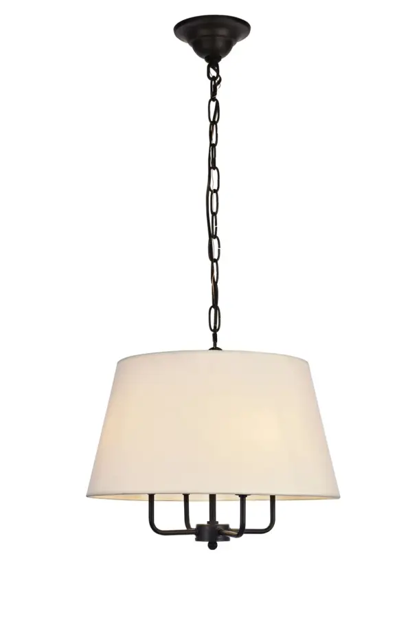 The classic look of the Maple collection will add a welcoming touch to your living room, dining room, or bedroom. This candle-style pendant lamp made of Metal will complement your décor with hardware and finish options in Black. Four sleek perpendicular arms under the off fabric shade each hold light bulbs (Not included) directing light up to the ceiling. This fixture, with an adjustable height, will create an inviting, cozy space in your home. Collection: Maple Rooms: Dining Room, Kitchen Finish: Black Glass: Off Width: 17.00" Height: 13.75" Length: 17.00" Weight: 4.00 lb Chain: 60"Black Wire: 78.7" Black Canopy: 5.1"x2" Number of Bulbs: 4 Maximum Wattage: 40.00 W Bulb Type: B10 Bulb Base: E12 Dimmable Voltage: 110.00 V Material: Metal and Fabric Country of Origin: China Safety Listing: ETL Safety Rating: Dry Title 20 Title 24 Manufacturer Warranty: 1 year limited Spec Sheet