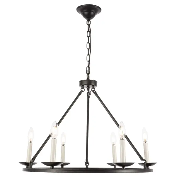 The Maine Collection candle-style chandelier offers an unassuming, yet elegant chandelier style fixture. The rods supports a circular base that holds up six lights that shine brilliantly. While the design is without adornment, its minimalistic nature makes it a perfect addition to any antique-style home, or any home that wants the surprise of an antique-style chandelier, without being too overbearing. Available in an antique gold or burnished nickel finish, your home will be become be illuminated with beauty for years to come (light bulbs not included). Collection: Maine Rooms: living room, dining room, ktichen, bar Finish: Black Width: 26.00" Height: 19.60" Length: 26.00" Weight: 8.00 lb Chain: 59"Black Wire: 79" Black Canopy: 5.1"x2" Number of Bulbs: 6 Maximum Wattage: 40.00 W Bulb Type: B10 Bulb Base: E12 Dimmable Voltage: 110.00 V Material: Metal Country of Origin: China Safety Listing: ETL Safety Rating: Dry Title 20 Title 24 Manufacturer Warranty: 1 year limited Spec Sheet