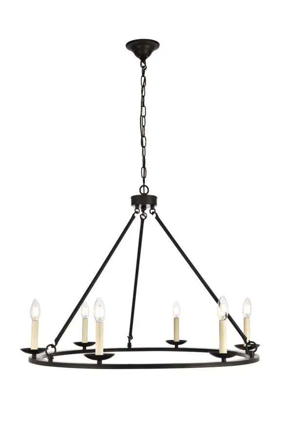 Cue the fanfare, because Maine collection hanging fixtures have the right amount of medieval flair to impress any lords or ladies who come to visit your castle. A tripod-style frame formed from narrow Rods utilizes hooks for easy assembly and hangs from a chain and flared mounting fixture. The ring-shaped foundation is encircled with exposed bulbs (Not included) and shallow bobéches to mimic the candle-bearing chandeliers of old. Available in a vintage-Gold, Black, or burnished-Nickel finish, it will command attention in a dining room, living room, or bedroom. Collection: Maine Rooms: Dining Room, Kitchen, bedroom Finish: Black Width: 32.40" Height: 23.25" Length: 32.40" Weight: 9.00 lb Chain: 60"Black Wire: 78.7" Black Canopy: 5.1"x2" Number of Bulbs: 6 Maximum Wattage: 40.00 W Bulb Type: B10 Bulb Base: E12 Dimmable Voltage: 110.00 V Material: Metal Country of Origin: China Safety Listing: ETL Safety Rating: Dry Title 20 Title 24 Manufacturer Warranty: 1 year limited Spec Sheet