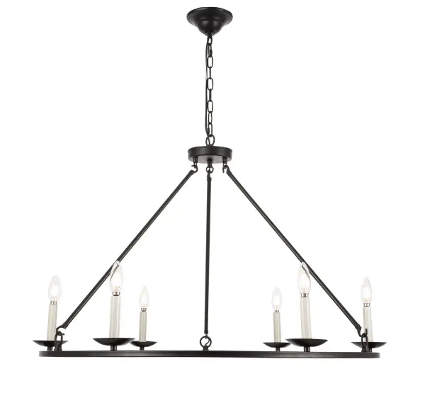 The Maine Collection candle-style chandelier offers an unassuming, yet elegant chandelier style fixture. The rods supports a circular base that holds up six lights that shine brilliantly. While the design is without adornment, its minimalistic nature makes it a perfect addition to any antique-style home, or any home that wants the surprise of an antique-style chandelier, without being too overbearing. Available in an antique gold or burnished nickel finish, your home will be become be illuminated with beauty for years to come (light bulbs not included). Collection: Maine Rooms: living room, dining room, ktichen, bar Finish: Black Width: 36.00" Height: 24.00" Length: 36.00" Weight: 11.00 lb Chain: 59"Black Wire: 79" Black Canopy: 5.1"x2" Number of Bulbs: 6 Maximum Wattage: 40.00 W Bulb Type: B10 Bulb Base: E12 Dimmable Voltage: 110.00 V Material: Metal Country of Origin: China Safety Listing: ETL Safety Rating: Dry Title 20 Title 24 Manufacturer Warranty: 1 year limited Spec Sheet
