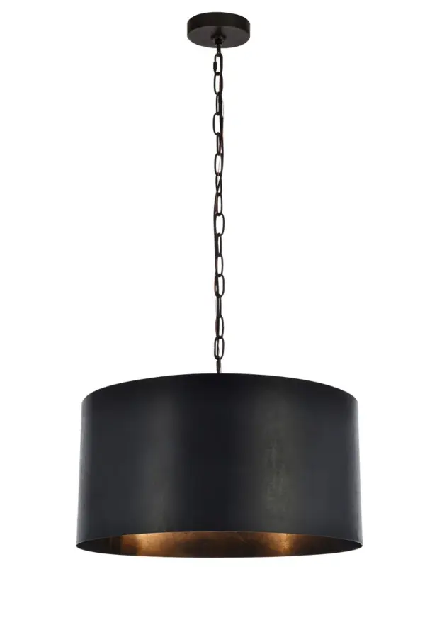 The raw power and audacious simplicity of Miro collection hanging fixtures will lend a commanding presence to your home - especially in a kitchen, living room, office, or studio space. The bold, textured cylindrical shade hangs from a rugged chain and disk-shaped mounting plate. Three exposed bulbs (Not included) hang from a hidden internal crosspiece and create a curious effect on the color of the interior. Available in a vintage-Black or manual-brass finish with two size options. Collection: Miro Rooms: bedroom, office, dining area, living room, great room, or foyer Finish: Vintage Black Width: 20.00" Height: 11.75" Length: 20.00" Weight: 10.00 lb Chain: 60"Vintage Black Wire: 78.7" Black Canopy: 4.7"x1" Number of Bulbs: 3 Maximum Wattage: 40.00 W Bulb Type: E26 Bulb Base: E26 Medium Dimmable Voltage: 110.00 V Material: Metal Country of Origin: China Safety Listing: ETL Safety Rating: Dry Title 20 Title 24 Manufacturer Warranty: 1 year limited Spec Sheet
