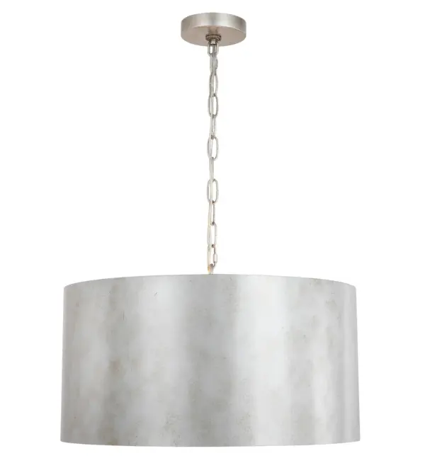 The Miro Collection industrial style light shines boldly and is a sturdy addition to your home. Its round shade guides the light to shine to the room below, and the vintageSilver finish will complement the color palette of the room, providing ample light anywhere, whether it is your dining room, bar, or work room (light bulbs not included). Collection: Miro Rooms: living room, dining room, ktichen, bar Finish: Vintage Silver Glass: Vintage Sliver Width: 20.00" Height: 11.80" Length: 20.00" Weight: 9.00 lb Chain: 59"Vintage silver Wire: 79" Clear Canopy: 4.7"x1" Number of Bulbs: 3 Maximum Wattage: 40.00 W Bulb Type: E26 Bulb Base: E26 Dimmable Voltage: 110.00 V Material: Metal Country of Origin: China Safety Listing: ETL Safety Rating: Dry Title 20 Title 24 Manufacturer Warranty: 1 year limited Spec Sheet