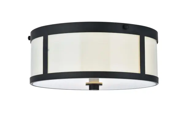 A no-nonsense design that blends seamlessly into a bedroom, kitchen, or office décor, Hadrian collection flush-mount fixtures get the job done while providing a soothing ambiance. A cylindrical steel frame in a flat-black finish gives a pleasant contrast to the curved frosted white glass exterior and circular shade. A matching endcap in the center of the shade and studded accents along the top of the frame add additional personality to the overall look. Collection: Hadrian Rooms: hallway, closet, bathroom Finish: Flat Black and white Width: 12.00" Height: 5.25" Length: 12.00" Weight: 5.00 lb Wire: 11" Black and white Canopy: 11.75"x0.63" Number of Bulbs: 2 Maximum Wattage: 40.00 W Bulb Type: B10 Bulb Base: E12 Dimmable Voltage: 110.00 V Material: Metal and frosted white glass Country of Origin: China Safety Listing: ETL Safety Rating: Dry Manufacturer Warranty: 1 year limited Spec Sheet