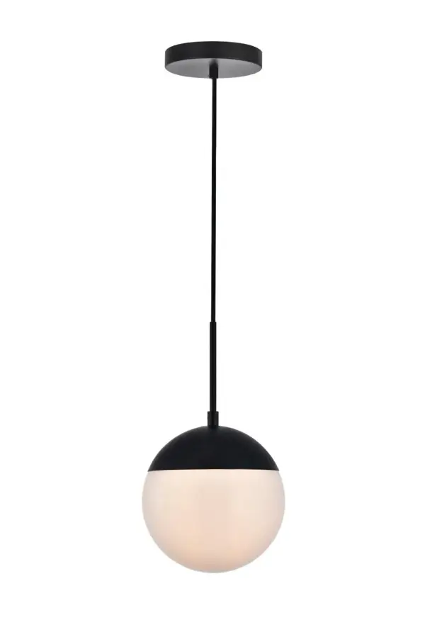 Refined style with a practical design, Eclipse hanging pendant lamps bring cosmopolitan sophistication anywhere, especially to an entryway, office, bathroom, bedroom, or kitchen. The smooth iron frame features a disk-shaped canopy and comes in a black finish. An adjustable black cord allows you to vary the hanging height from 16 to 63 inches. A touch of color on top of the frosted white spherical glass shade brings character to this classic style. Living in the big city has never been this easy. Collection: Eclipse Rooms: entryway, office, bathroom, bedroom, or kitchen Finish: Black and frosted white Glass: Frosted White Width: 8.00" Height: 9.00" Length: 8.00" Weight: 3.00 lb Chain: 60`` Wire: 60" Black Canopy: 6"x1"x6" Number of Bulbs: 1 Maximum Wattage: 40.00 W Bulb Type: E26 Bulb Base: E26 Dimmable Voltage: 110.00 V Material: Metal and Glass Country of Origin: China Safety Listing: ETL Safety Rating: UL,ULC Title 20 Title 24 Manufacturer Warranty: 1 year limited Spec Sheet