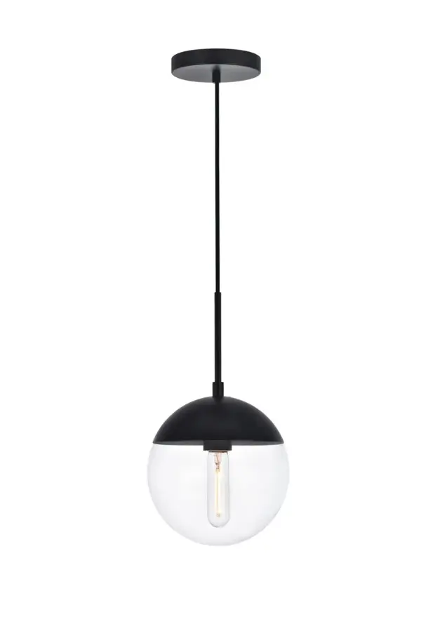 Refined style with a practical design, Eclipse hanging pendant lamps bring cosmopolitan sophistication anywhere, especially to an entryway, office, bathroom, bedroom, or kitchen. The smooth iron frame features a disk-shaped canopy and comes in a black finish. An adjustable black cord allows you to vary the hanging height from 16 to 63 inches. A touch of color on top of the clear spherical glass shade brings character to this classic style. Living in the big city has never been this easy. Collection: Eclipse Rooms: entryway, office, bathroom, bedroom, or kitchen Finish: Black and Clear Glass: Clear Width: 8.00" Height: 9.00" Length: 8.00" Weight: 3.00 lb Chain: 60`` Wire: 60" Black Canopy: 6"x1"x6" Number of Bulbs: 1 Maximum Wattage: 40.00 W Bulb Type: E26 Bulb Base: E26 Dimmable Voltage: 110.00 V Material: Metal and Glass Country of Origin: China Safety Listing: ETL Safety Rating: UL,ULC Title 20 Title 24 Manufacturer Warranty: 1 year limited Spec Sheet