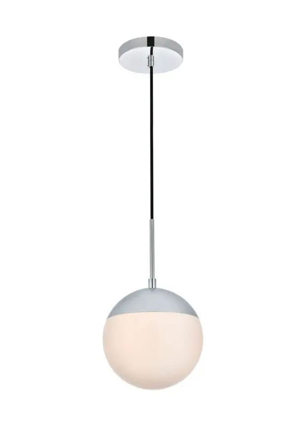 Refined style with a practical design, Eclipse hanging pendant lamps bring cosmopolitan sophistication anywhere, especially to an entryway, office, bathroom, bedroom, or kitchen. The smooth iron frame features a disk-shaped canopy and comes in a chrome finish. An adjustable black cord allows you to vary the hanging height from 16 to 63 inches. A touch of color on top of the frosted white spherical glass shade brings character to this classic style. Living in the big city has never been this easy. Collection: Eclipse Rooms: entryway, office, bathroom, bedroom, or kitchen Finish: Chrome and frosted white Glass: Frosted White Width: 8.00" Height: 9.00" Length: 8.00" Weight: 3.00 lb Chain: 60`` Wire: 60" Black Canopy: 6"x1"x6" Number of Bulbs: 1 Maximum Wattage: 40.00 W Bulb Type: E26 Bulb Base: E26 Dimmable Voltage: 110.00 V Material: Metal and Glass Country of Origin: China Safety Listing: ETL Safety Rating: UL,ULC Title 20 Title 24 Manufacturer Warranty: 1 year limited Spec Sheet