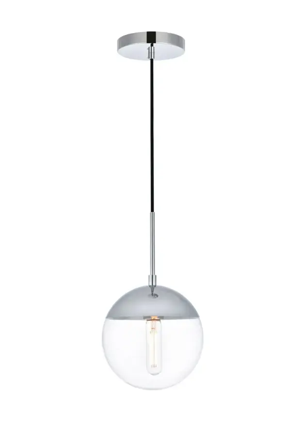 Refined style with a practical design, Eclipse hanging pendant lamps bring cosmopolitan sophistication anywhere, especially to an entryway, office, bathroom, bedroom, or kitchen. The smooth iron frame features a disk-shaped canopy and comes in a chrome finish. An adjustable black cord allows you to vary the hanging height from 16 to 63 inches. A touch of color on top of the clear spherical glass shade brings character to this classic style. Living in the big city has never been this easy. Collection: Eclipse Rooms: entryway, office, bathroom, bedroom, or kitchen Finish: Chrome and Clear Glass: Clear Width: 8.00" Height: 9.00" Length: 8.00" Weight: 3.00 lb Chain: 60`` Wire: 60" Black Canopy: 6"x1"x6" Number of Bulbs: 1 Maximum Wattage: 40.00 W Bulb Type: E26 Bulb Base: E26 Dimmable Voltage: 110.00 V Material: Metal and Glass Country of Origin: China Safety Listing: ETL Safety Rating: UL,ULC Title 20 Title 24 Manufacturer Warranty: 1 year limited Spec Sheet