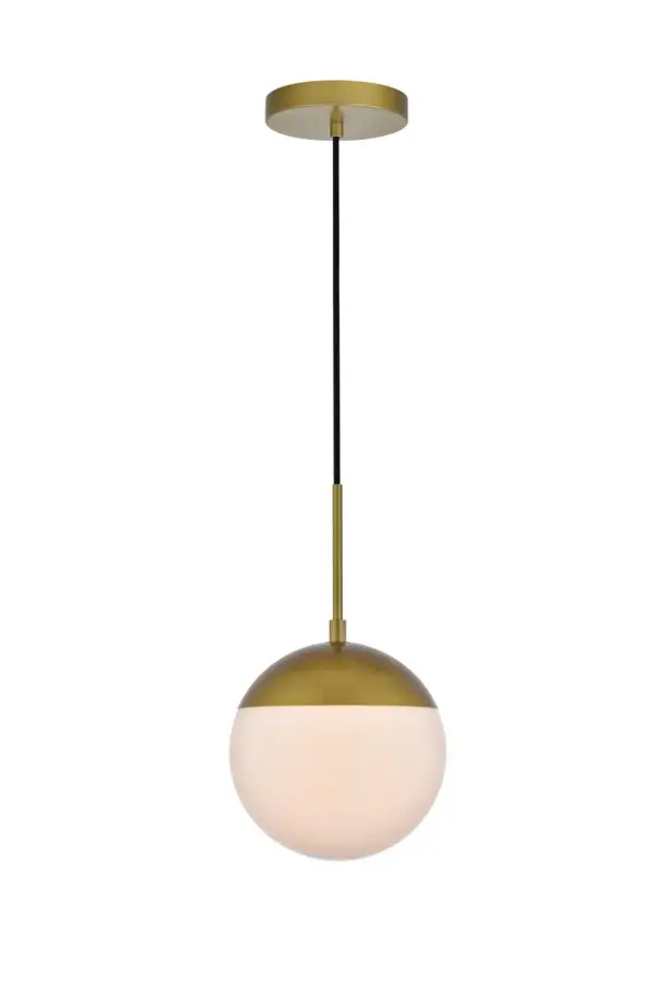 Refined style with a practical design, Eclipse hanging pendant lamps bring cosmopolitan sophistication anywhere, especially to an entryway, office, bathroom, bedroom, or kitchen. The smooth iron frame features a disk-shaped canopy and comes in a brass finish. An adjustable black cord allows you to vary the hanging height from 16 to 63 inches. A touch of color on top of the frosted white spherical glass shade brings character to this classic style. Living in the big city has never been this easy. Collection: Eclipse Rooms: entryway, office, bathroom, bedroom, or kitchen Finish: Brass and frosted white Glass: Frosted White Width: 8.00" Height: 9.00" Length: 8.00" Weight: 3.00 lb Chain: 60`` Wire: 60" Black Canopy: 6"x1"x6" Number of Bulbs: 1 Maximum Wattage: 40.00 W Bulb Type: E26 Bulb Base: E26 Dimmable Voltage: 110.00 V Material: Metal and Glass Country of Origin: China Safety Listing: ETL Safety Rating: UL,ULC Title 20 Title 24 Manufacturer Warranty: 1 year limited Spec Sheet