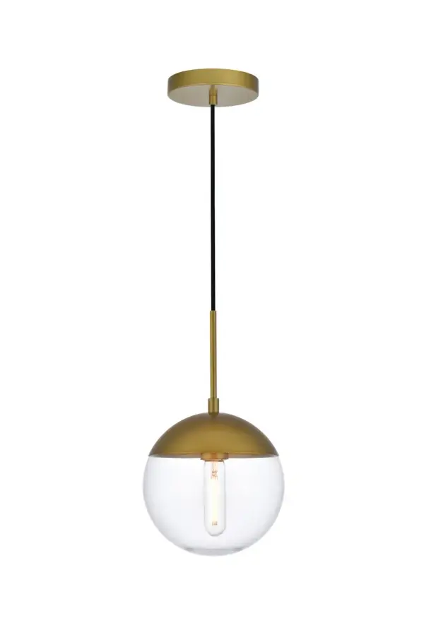 Refined style with a practical design, Eclipse hanging pendant lamps bring cosmopolitan sophistication anywhere, especially to an entryway, office, bathroom, bedroom, or kitchen. The smooth iron frame features a disk-shaped canopy and comes in a brass finish. An adjustable black cord allows you to vary the hanging height from 16 to 63 inches. A touch of color on top of the clear spherical glass shade brings character to this classic style. Living in the big city has never been this easy. Collection: Eclipse Rooms: entryway, office, bathroom, bedroom, or kitchen Finish: Brass and Clear Glass: Clear Width: 8.00" Height: 9.00" Length: 8.00" Weight: 3.00 lb Chain: 60`` Wire: 60" Black Canopy: 6"x1"x6" Number of Bulbs: 1 Maximum Wattage: 40.00 W Bulb Type: E26 Bulb Base: E26 Dimmable Voltage: 110.00 V Material: Metal and Glass Country of Origin: China Safety Listing: ETL Safety Rating: UL,ULC Title 20 Title 24 Manufacturer Warranty: 1 year limited Spec Sheet