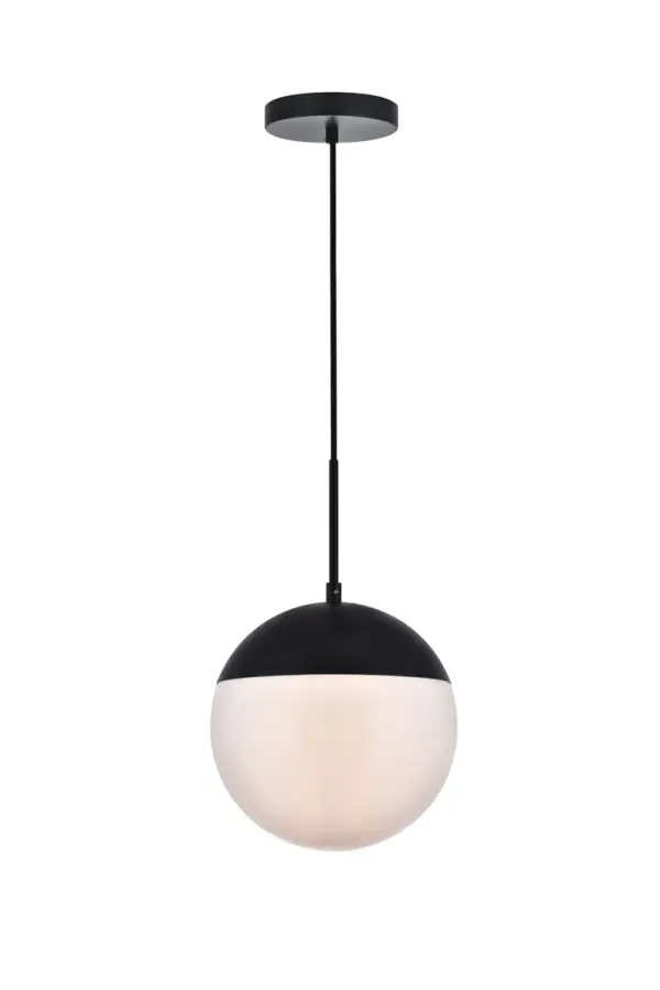 Refined style with a practical design, Eclipse hanging pendant lamps bring cosmopolitan sophistication anywhere, especially to an entryway, office, bathroom, bedroom, or kitchen. The smooth iron frame features a disk-shaped canopy and comes in a black finish. An adjustable black cord allows you to vary the hanging height from 18 to 65 inches. A touch of color on top of the frosted white spherical glass shade brings character to this classic style. Living in the big city has never been this easy. Collection: Eclipse Rooms: entryway, office, bathroom, bedroom, or kitchen Finish: Black and frosted white Glass: Frosted White Width: 10.00" Height: 11.00" Length: 10.00" Weight: 4.00 lb Chain: 60`` Wire: 60" Black Canopy: 6"x1"x6" Number of Bulbs: 1 Maximum Wattage: 40.00 W Bulb Type: E26 Bulb Base: E26 Dimmable Voltage: 110.00 V Material: Metal and Glass Country of Origin: China Safety Listing: ETL Safety Rating: UL,ULC Title 20 Title 24 Manufacturer Warranty: 1 year limited Spec Sheet