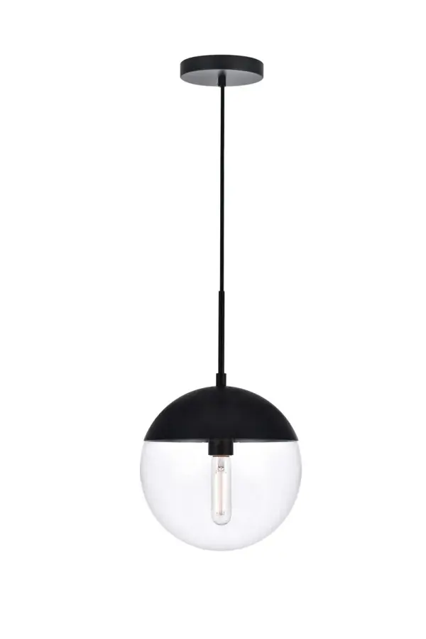 Refined style with a practical design, Eclipse hanging pendant lamps bring cosmopolitan sophistication anywhere, especially to an entryway, office, bathroom, bedroom, or kitchen. The smooth iron frame features a disk-shaped canopy and comes in a black finish. An adjustable black cord allows you to vary the hanging height from 18 to 65 inches. A touch of color on top of the clear spherical glass shade brings character to this classic style. Living in the big city has never been this easy. Collection: Eclipse Rooms: entryway, office, bathroom, bedroom, or kitchen Finish: Black and Clear Glass: Clear Width: 10.00" Height: 11.00" Length: 10.00" Weight: 4.00 lb Chain: 60`` Wire: 60" Black Canopy: 6"x1"x6" Number of Bulbs: 1 Maximum Wattage: 40.00 W Bulb Type: E26 Bulb Base: E26 Dimmable Voltage: 110.00 V Material: Metal and Glass Country of Origin: China Safety Listing: ETL Safety Rating: UL,ULC Title 20 Title 24 Manufacturer Warranty: 1 year limited Spec Sheet