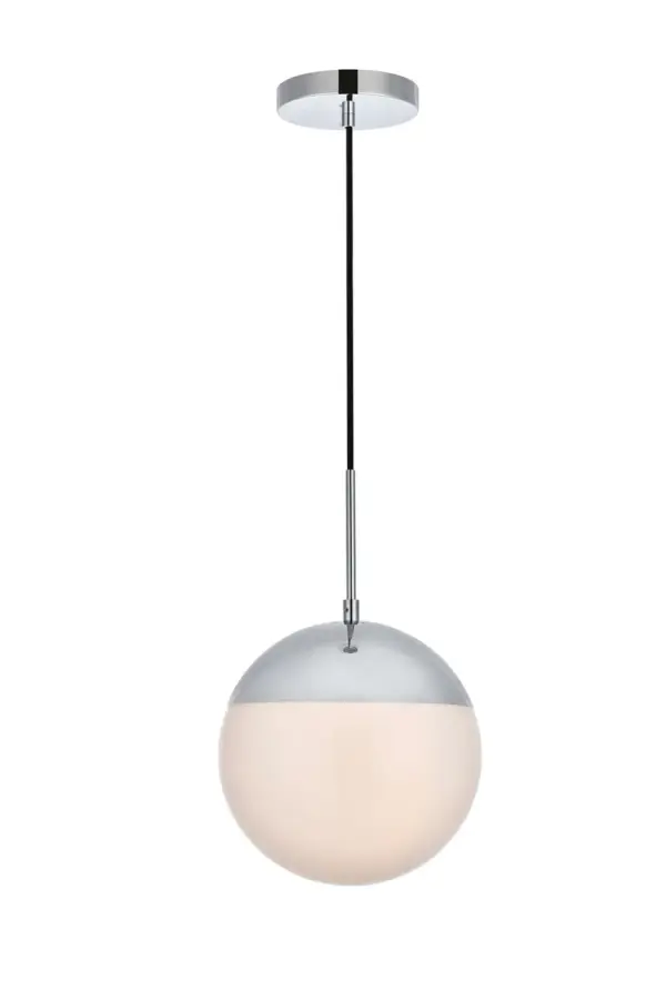 Refined style with a practical design, Eclipse hanging pendant lamps bring cosmopolitan sophistication anywhere, especially to an entryway, office, bathroom, bedroom, or kitchen. The smooth iron frame features a disk-shaped canopy and comes in a chrome finish. An adjustable black cord allows you to vary the hanging height from 18 to 65 inches. A touch of color on top of the frosted white spherical glass shade brings character to this classic style. Living in the big city has never been this easy. Collection: Eclipse Rooms: entryway, office, bathroom, bedroom, or kitchen Finish: Chrome and frosted white Glass: Frosted White Width: 10.00" Height: 11.00" Length: 10.00" Weight: 4.00 lb Chain: 60`` Wire: 60" Black Canopy: 6"x1"x6" Number of Bulbs: 1 Maximum Wattage: 40.00 W Bulb Type: E26 Bulb Base: E26 Dimmable Voltage: 110.00 V Material: Metal and Glass Country of Origin: China Safety Listing: ETL Safety Rating: UL,ULC Title 20 Title 24 Manufacturer Warranty: 1 year limited Spec Sheet