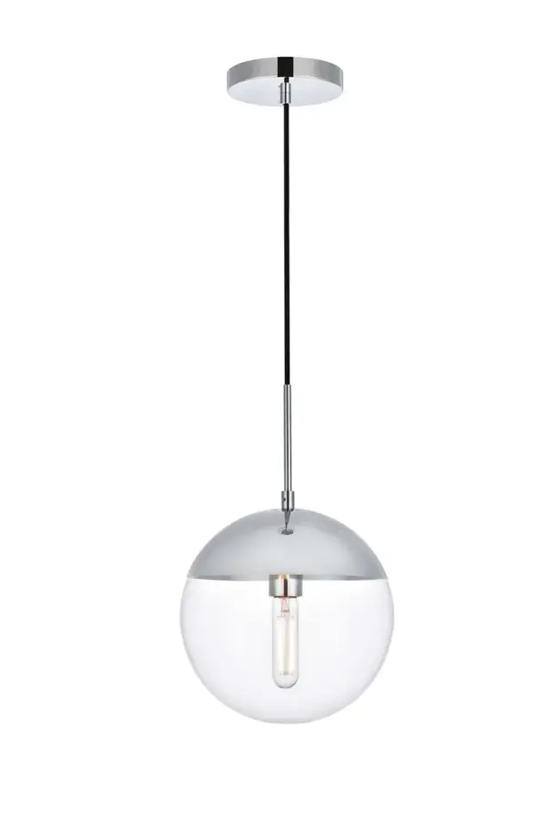 Refined style with a practical design, Eclipse hanging pendant lamps bring cosmopolitan sophistication anywhere, especially to an entryway, office, bathroom, bedroom, or kitchen. The smooth iron frame features a disk-shaped canopy and comes in a chrome finish. An adjustable black cord allows you to vary the hanging height from 18 to 65 inches. A touch of color on top of the clear spherical glass shade brings character to this classic style. Living in the big city has never been this easy. Collection: Eclipse Rooms: entryway, office, bathroom, bedroom, or kitchen Finish: Chrome and Clear Glass: Clear Width: 10.00" Height: 11.00" Length: 10.00" Weight: 4.00 lb Chain: 60`` Wire: 60" Black Canopy: 6"x1"x6" Number of Bulbs: 1 Maximum Wattage: 40.00 W Bulb Type: E26 Bulb Base: E26 Dimmable Voltage: 110.00 V Material: Metal and Glass Country of Origin: China Safety Listing: ETL Safety Rating: UL,ULC Title 20 Title 24 Manufacturer Warranty: 1 year limited Spec Sheet