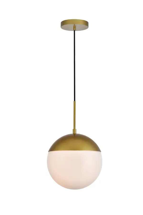 Refined style with a practical design, Eclipse hanging pendant lamps bring cosmopolitan sophistication anywhere, especially to an entryway, office, bathroom, bedroom, or kitchen. The smooth iron frame features a disk-shaped canopy and comes in a brass finish. An adjustable black cord allows you to vary the hanging height from 18 to 65 inches. A touch of color on top of the frosted white spherical glass shade brings character to this classic style. Living in the big city has never been this easy. Collection: Eclipse Rooms: entryway, office, bathroom, bedroom, or kitchen Finish: Brass and frosted white Glass: Frosted White Width: 10.00" Height: 11.00" Length: 10.00" Weight: 4.00 lb Chain: 60`` Wire: 60" Black Canopy: 6"x1"x6" Number of Bulbs: 1 Maximum Wattage: 40.00 W Bulb Type: E26 Bulb Base: E26 Dimmable Voltage: 110.00 V Material: Metal and Glass Country of Origin: China Safety Listing: ETL Safety Rating: UL,ULC Title 20 Title 24 Manufacturer Warranty: 1 year limited Spec Sheet