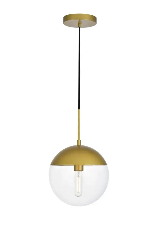 Refined style with a practical design, Eclipse hanging pendant lamps bring cosmopolitan sophistication anywhere, especially to an entryway, office, bathroom, bedroom, or kitchen. The smooth iron frame features a disk-shaped canopy and comes in a brass finish. An adjustable black cord allows you to vary the hanging height from 18 to 65 inches. A touch of color on top of the clear spherical glass shade brings character to this classic style. Living in the big city has never been this easy. Collection: Eclipse Rooms: entryway, office, bathroom, bedroom, or kitchen Finish: Brass and Clear Glass: Clear Width: 10.00" Height: 11.00" Length: 10.00" Weight: 4.00 lb Chain: 60`` Wire: 60" Black Canopy: 6"x1"x6" Number of Bulbs: 1 Maximum Wattage: 40.00 W Bulb Type: E26 Bulb Base: E26 Dimmable Voltage: 110.00 V Material: Metal and Glass Country of Origin: China Safety Listing: ETL Safety Rating: UL,ULC Title 20 Title 24 Manufacturer Warranty: 1 year limited Spec Sheet