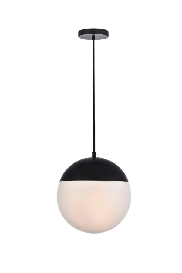 Refined style with a practical design, Eclipse hanging pendant lamps bring cosmopolitan sophistication anywhere, especially to an entryway, office, bathroom, bedroom, or kitchen. The smooth iron frame features a disk-shaped canopy and comes in a black finish. An adjustable black cord allows you to vary the hanging height from 19.5 to 69 inches. A touch of color on top of the frosted white spherical glass shade brings character to this classic style. Living in the big city has never been this easy. Collection: Eclipse Rooms: entryway, office, bathroom, bedroom, or kitchen Finish: Black and frosted white Glass: Frosted White Width: 12.00" Height: 13.00" Length: 12.00" Weight: 5.00 lb Chain: 60`` Wire: 60" Black Canopy: 6"x1"x6" Number of Bulbs: 1 Maximum Wattage: 40.00 W Bulb Type: E26 Bulb Base: E26 Dimmable Voltage: 110.00 V Material: Metal and Glass Country of Origin: China Safety Listing: ETL Safety Rating: UL,ULC Title 20 Title 24 Manufacturer Warranty: 1 year limited Spec Sheet