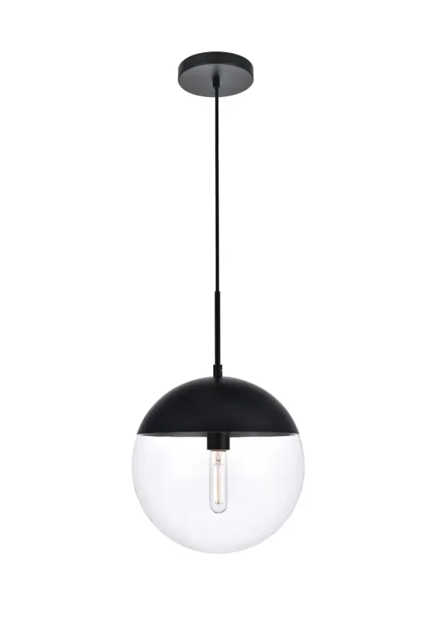 Refined style with a practical design, Eclipse hanging pendant lamps bring cosmopolitan sophistication anywhere, especially to an entryway, office, bathroom, bedroom, or kitchen. The smooth iron frame features a disk-shaped canopy and comes in a black finish. An adjustable black cord allows you to vary the hanging height from 19.5 to 69 inches. A touch of color on top of the clear spherical glass shade brings character to this classic style. Living in the big city has never been this easy. Collection: Eclipse Rooms: entryway, office, bathroom, bedroom, or kitchen Finish: Black and Clear Glass: Clear Width: 12.00" Height: 13.00" Length: 12.00" Weight: 5.00 lb Chain: 60`` Wire: 60" Black Canopy: 6"x1"x6" Number of Bulbs: 1 Maximum Wattage: 40.00 W Bulb Type: E26 Bulb Base: E26 Dimmable Voltage: 110.00 V Material: Metal and Glass Country of Origin: China Safety Listing: ETL Safety Rating: UL,ULC Title 20 Title 24 Manufacturer Warranty: 1 year limited Spec Sheet