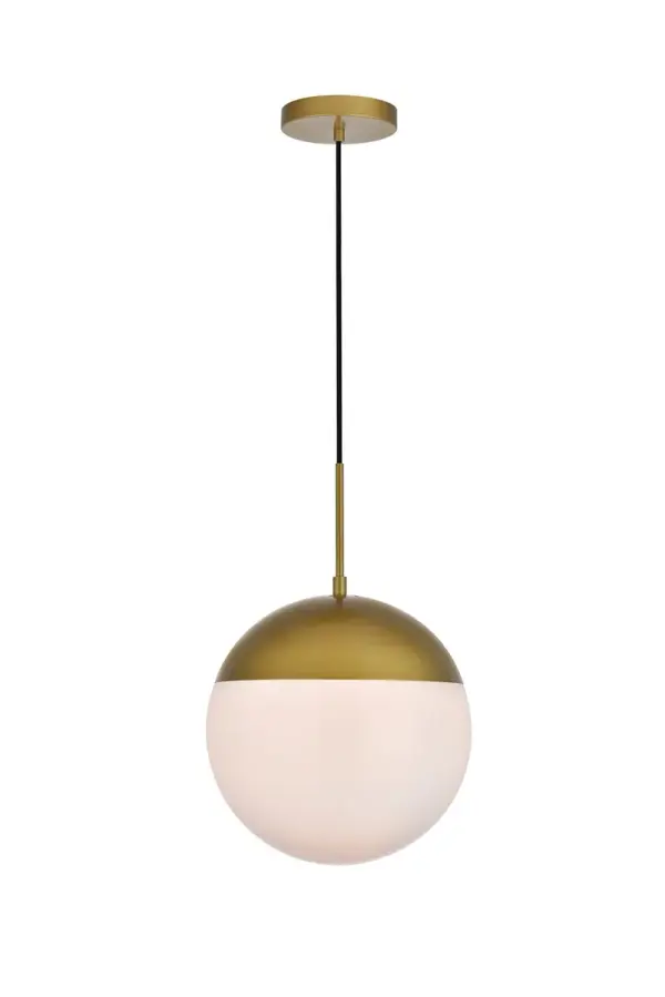 Refined style with a practical design, Eclipse hanging pendant lamps bring cosmopolitan sophistication anywhere, especially to an entryway, office, bathroom, bedroom, or kitchen. The smooth iron frame features a disk-shaped canopy and comes in a brass finish. An adjustable black cord allows you to vary the hanging height from 19.5 to 69 inches. A touch of color on top of the frosted white spherical glass shade brings character to this classic style. Living in the big city has never been this easy. Collection: Eclipse Rooms: entryway, office, bathroom, bedroom, or kitchen Finish: Brass and frosted white Glass: Frosted White Width: 12.00" Height: 13.00" Length: 12.00" Weight: 5.00 lb Chain: 60`` Wire: 60" Black Canopy: 6"x1"x6" Number of Bulbs: 1 Maximum Wattage: 40.00 W Bulb Type: E26 Bulb Base: E26 Dimmable Voltage: 110.00 V Material: Metal and Glass Country of Origin: China Safety Listing: ETL Safety Rating: UL,ULC Title 20 Title 24 Manufacturer Warranty: 1 year limited Spec Sheet