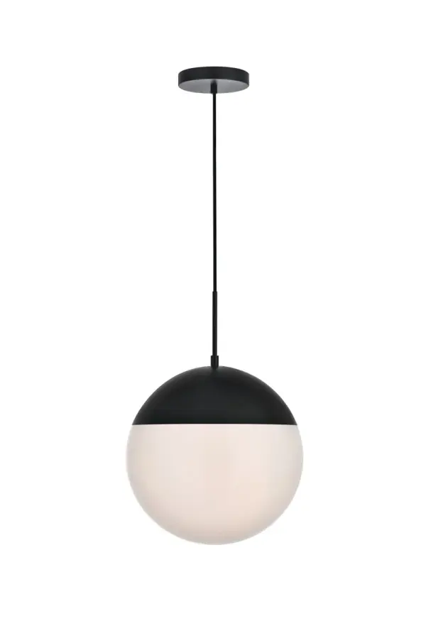 Refined style with a practical design, Eclipse hanging pendant lamps bring cosmopolitan sophistication anywhere, especially to an entryway, office, bathroom, bedroom, or kitchen. The smooth iron frame features a disk-shaped canopy and comes in a black finish. An adjustable black cord allows you to vary the hanging height from 21 to 70 inches. A touch of color on top of the frosted white spherical glass shade brings character to this classic style. Living in the big city has never been this easy. Collection: Eclipse Rooms: entryway, office, bathroom, bedroom, or kitchen Finish: Black and frosted white Glass: Frosted White Width: 14.00" Height: 15.00" Length: 14.00" Weight: 7.00 lb Chain: 60`` Wire: 60" Black Canopy: 6"x1"x6" Number of Bulbs: 1 Maximum Wattage: 40.00 W Bulb Type: E26 Bulb Base: E26 Dimmable Voltage: 110.00 V Material: Metal and Glass Country of Origin: China Safety Listing: ETL Safety Rating: UL,ULC Title 20 Title 24 Manufacturer Warranty: 1 year limited Spec Sheet