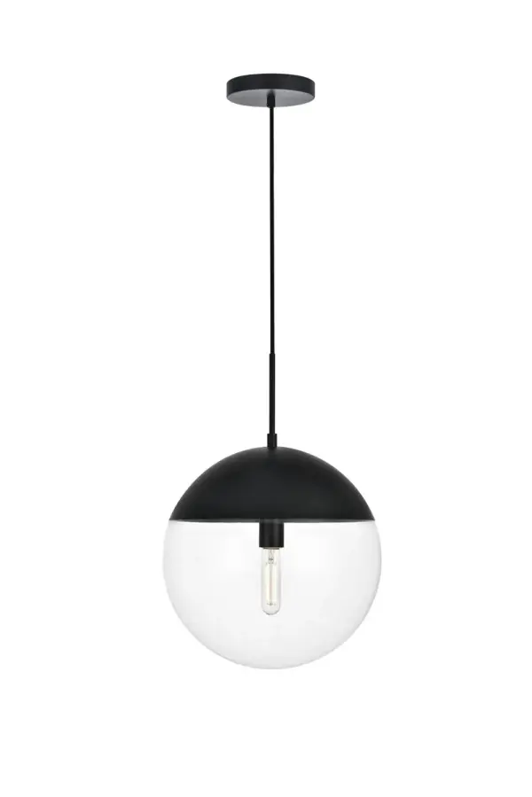 Refined style with a practical design, Eclipse hanging pendant lamps bring cosmopolitan sophistication anywhere, especially to an entryway, office, bathroom, bedroom, or kitchen. The smooth iron frame features a disk-shaped canopy and comes in a black finish. An adjustable black cord allows you to vary the hanging height from 21 to 70 inches. A touch of color on top of the clear spherical glass shade brings character to this classic style. Living in the big city has never been this easy. Collection: Eclipse Rooms: entryway, office, bathroom, bedroom, or kitchen Finish: Black and Clear Glass: Clear Width: 14.00" Height: 15.00" Length: 14.00" Weight: 7.00 lb Chain: 60`` Wire: 60" Black Canopy: 6"x1"x6" Number of Bulbs: 1 Maximum Wattage: 40.00 W Bulb Type: E26 Bulb Base: E26 Dimmable Voltage: 110.00 V Material: Metal and Glass Country of Origin: China Safety Listing: ETL Safety Rating: UL,ULC Title 20 Title 24 Manufacturer Warranty: 1 year limited Spec Sheet