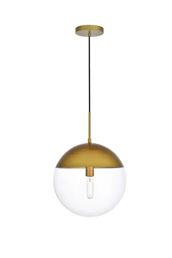 Refined style with a practical design, Eclipse hanging pendant lamps bring cosmopolitan sophistication anywhere, especially to an entryway, office, bathroom, bedroom, or kitchen. The smooth iron frame features a disk-shaped canopy and comes in a brass finish. An adjustable black cord allows you to vary the hanging height from 21 to 70 inches. A touch of color on top of the clear spherical glass shade brings character to this classic style. Living in the big city has never been this easy. Collection: Eclipse Rooms: entryway, office, bathroom, bedroom, or kitchen Finish: Brass and Clear Glass: Clear Width: 14.00" Height: 15.00" Length: 14.00" Weight: 7.00 lb Chain: 60`` Wire: 60" Black Canopy: 6"x1"x6" Number of Bulbs: 1 Maximum Wattage: 40.00 W Bulb Type: E26 Bulb Base: E26 Dimmable Voltage: 110.00 V Material: Metal and Glass Country of Origin: China Safety Listing: ETL Safety Rating: UL,ULC Title 20 Title 24 Manufacturer Warranty: 1 year limited Spec Sheet
