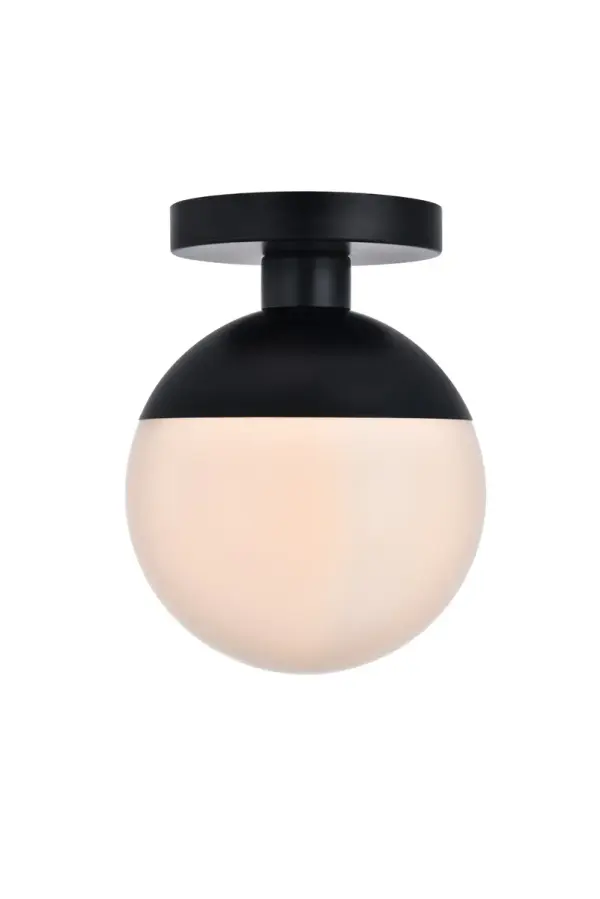 Refined style with a practical design, Eclipse flush mount bring cosmopolitan sophistication anywhere, especially to an entryway, office, bathroom, bedroom, or kitchen. The smooth iron frame features a disk-shaped canopy and comes in a black finish. A touch of color on top of the frosted white spherical glass shade brings character to this classic style. Living in the big city has never been this easy. Collection: Eclipse Rooms: entryway, office, bathroom, bedroom, or kitchen Finish: Black and frosted white Glass: Frosted White Width: 8.00" Height: 10.00" Length: 8.00" Weight: 3.00 lb Wire: 10" Black and white Canopy: 6"x1"x6" Number of Bulbs: 1 Maximum Wattage: 40.00 W Bulb Type: E26 Bulb Base: E26 Dimmable Voltage: 110.00 V Material: Metal and Glass Country of Origin: China Safety Listing: ETL Safety Rating: UL,ULC Manufacturer Warranty: 1 year limited Spec Sheet