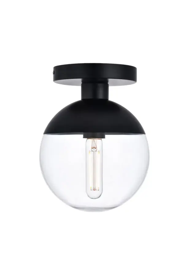 Refined style with a practical design, Eclipse flush mount bring cosmopolitan sophistication anywhere, especially to an entryway, office, bathroom, bedroom, or kitchen. The smooth iron frame features a disk-shaped canopy and comes in a black finish. A touch of color on top of the clear spherical glass shade brings character to this classic style. Living in the big city has never been this easy. Collection: Eclipse Rooms: entryway, office, bathroom, bedroom, or kitchen Finish: Black and Clear Glass: Clear Width: 8.00" Height: 10.00" Length: 8.00" Weight: 3.00 lb Wire: 10" Black and white Canopy: 6"x1"x6" Number of Bulbs: 1 Maximum Wattage: 40.00 W Bulb Type: E26 Bulb Base: E26 Dimmable Voltage: 110.00 V Material: Metal and Glass Country of Origin: China Safety Listing: ETL Safety Rating: UL,ULC Manufacturer Warranty: 1 year limited Spec Sheet