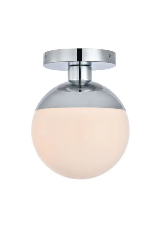 Refined style with a practical design, Eclipse flush mount bring cosmopolitan sophistication anywhere, especially to an entryway, office, bathroom, bedroom, or kitchen. The smooth iron frame features a disk-shaped canopy and comes in a chrome finish. A touch of color on top of the frosted white spherical glass shade brings character to this classic style. Living in the big city has never been this easy. Collection: Eclipse Rooms: entryway, office, bathroom, bedroom, or kitchen Finish: Chrome and frosted white Glass: Frosted White Width: 8.00" Height: 10.00" Length: 8.00" Weight: 3.00 lb Wire: 10" Black and white Canopy: 6"x1"x6" Number of Bulbs: 1 Maximum Wattage: 40.00 W Bulb Type: E26 Bulb Base: E26 Dimmable Voltage: 110.00 V Material: Metal and Glass Country of Origin: China Safety Listing: ETL Safety Rating: UL,ULC Manufacturer Warranty: 1 year limited Spec Sheet