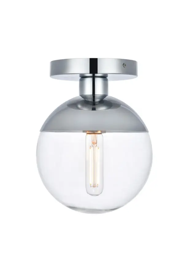 Refined style with a practical design, Eclipse flush mount bring cosmopolitan sophistication anywhere, especially to an entryway, office, bathroom, bedroom, or kitchen. The smooth iron frame features a disk-shaped canopy and comes in a chrome finish. A touch of color on top of the clear spherical glass shade brings character to this classic style. Living in the big city has never been this easy. Collection: Eclipse Rooms: entryway, office, bathroom, bedroom, or kitchen Finish: Chrome and Clear Glass: Clear Width: 8.00" Height: 10.00" Length: 8.00" Weight: 3.00 lb Wire: 10" Black and white Canopy: 6"x1"x6" Number of Bulbs: 1 Maximum Wattage: 40.00 W Bulb Type: E26 Bulb Base: E26 Dimmable Voltage: 110.00 V Material: Metal and Glass Country of Origin: China Safety Listing: ETL Safety Rating: UL,ULC Manufacturer Warranty: 1 year limited Spec Sheet