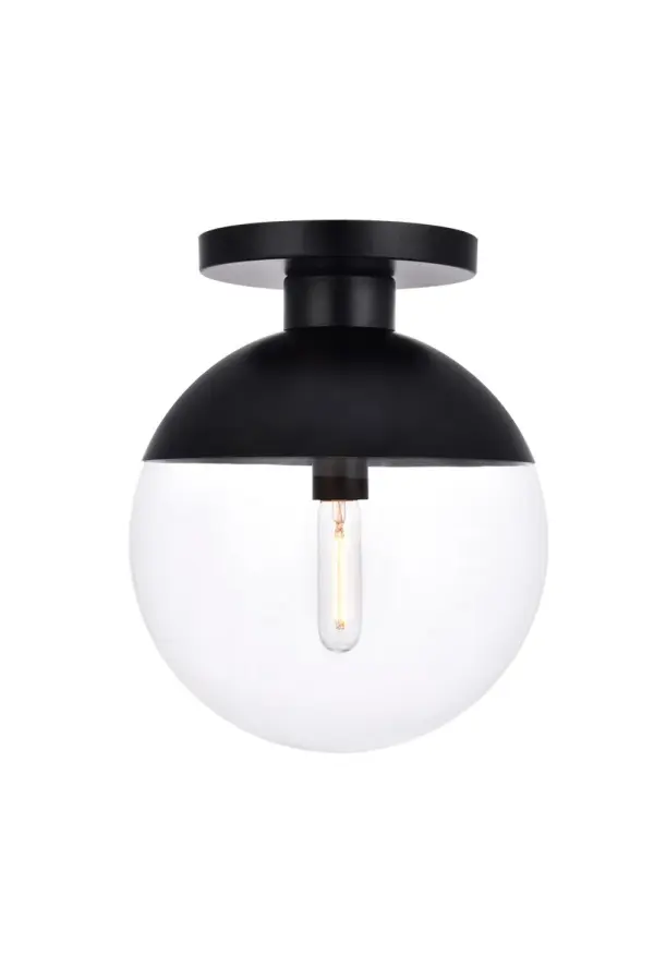 Refined style with a practical design, Eclipse flush mount bring cosmopolitan sophistication anywhere, especially to an entryway, office, bathroom, bedroom, or kitchen. The smooth iron frame features a disk-shaped canopy and comes in a black finish. A touch of color on top of the clear spherical glass shade brings character to this classic style. Living in the big city has never been this easy. Collection: Eclipse Rooms: entryway, office, bathroom, bedroom, or kitchen Finish: Black and Clear Glass: Clear Width: 12.00" Height: 14.50" Length: 12.00" Weight: 6.00 lb Wire: 10" Black and white Canopy: 8"x1"x8" Number of Bulbs: 1 Maximum Wattage: 40.00 W Bulb Type: E26 Bulb Base: E26 Dimmable Voltage: 110.00 V Material: Metal and Glass Country of Origin: China Safety Listing: ETL Safety Rating: UL,ULC Manufacturer Warranty: 1 year limited Spec Sheet