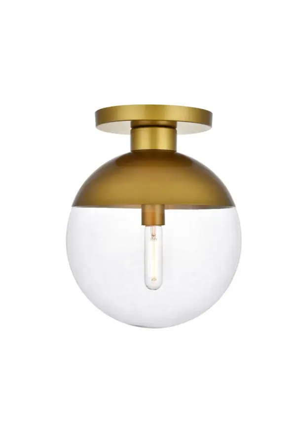 Refined style with a practical design, Eclipse flush mount bring cosmopolitan sophistication anywhere, especially to an entryway, office, bathroom, bedroom, or kitchen. The smooth iron frame features a disk-shaped canopy and comes in a brass finish. A touch of color on top of the clear spherical glass shade brings character to this classic style. Living in the big city has never been this easy. Collection: Eclipse Rooms: entryway, office, bathroom, bedroom, or kitchen Finish: Brass and Clear Glass: Clear Width: 12.00" Height: 14.50" Length: 12.00" Weight: 6.00 lb Wire: 10" Black and white Canopy: 8"x1"x8" Number of Bulbs: 1 Maximum Wattage: 40.00 W Bulb Type: E26 Bulb Base: E26 Dimmable Voltage: 110.00 V Material: Metal and Glass Country of Origin: China Safety Listing: ETL Safety Rating: UL,ULC Manufacturer Warranty: 1 year limited Spec Sheet
