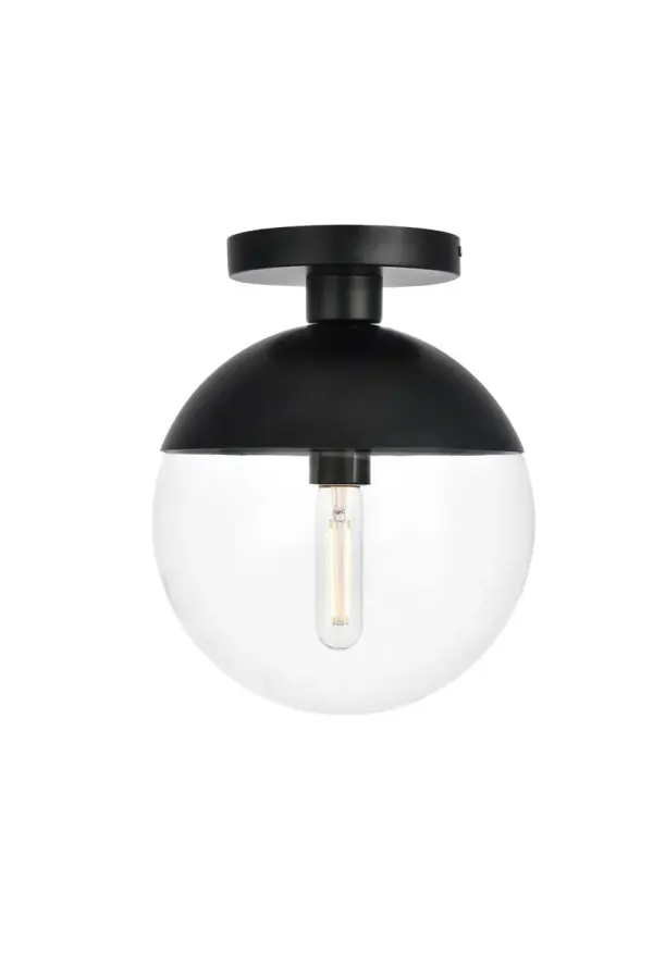 Refined style with a practical design, Eclipse flush mount bring cosmopolitan sophistication anywhere, especially to an entryway, office, bathroom, bedroom, or kitchen. The smooth iron frame features a disk-shaped canopy and comes in a black finish. A touch of color on top of the clear spherical glass shade brings character to this classic style. Living in the big city has never been this easy. Collection: Eclipse Rooms: entryway, office, bathroom, bedroom, or kitchen Finish: Black and Clear Glass: Clear Width: 10.00" Height: 12.00" Length: 10.00" Weight: 4.00 lb Wire: 10" Black and white Canopy: 6"x1"x6" Number of Bulbs: 1 Maximum Wattage: 40.00 W Bulb Type: E26 Bulb Base: E26 Dimmable Voltage: 110.00 V Material: Metal and Glass Country of Origin: China Safety Listing: ETL Safety Rating: UL,ULC Manufacturer Warranty: 1 year limited Spec Sheet