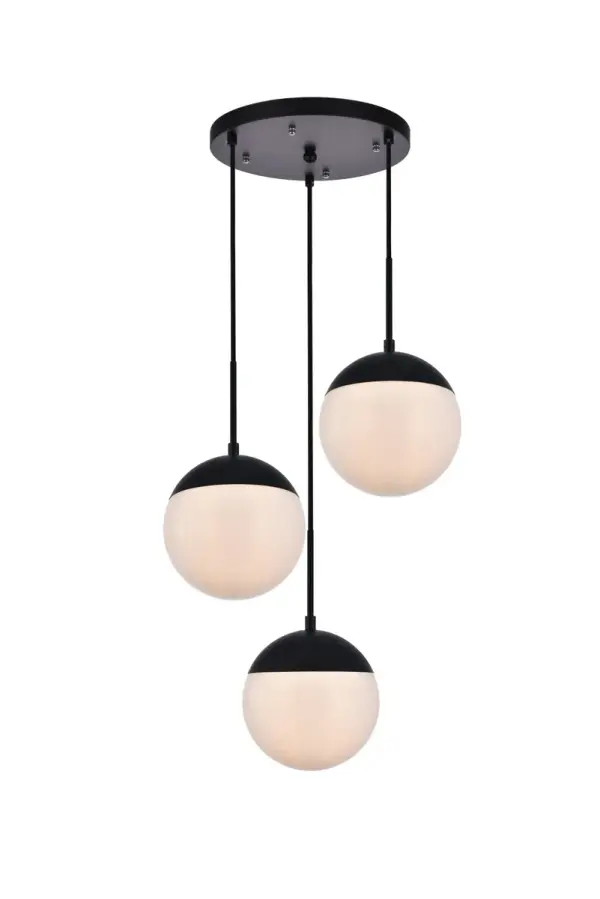 Refined style with a practical design, Eclipse hanging pendant lamps bring cosmopolitan sophistication anywhere, especially to an entryway, office, bathroom, bedroom, or kitchen. The smooth iron frame features a disk-shaped canopy and comes in a black finish. An adjustable black cord allows you to vary the hanging height from 16 to 78 inches. A touch of color on top of the frosted white spherical glass shade brings character to this classic style. Living in the big city has never been this easy. Collection: Eclipse Rooms: entryway, office, bathroom, bedroom, or kitchen Finish: Black and frosted white Glass: Frosted White Width: 18.00" Height: 9.00" Length: 18.00" Weight: 10.00 lb Wire: 78.5" Black Canopy: 12"x1"x12" Number of Bulbs: 3 Maximum Wattage: 40.00 W Bulb Type: E26 Bulb Base: E26 Dimmable Voltage: 110.00 V Material: Metal and Glass Country of Origin: China Safety Listing: ETL Safety Rating: UL,ULC Title 20 Title 24 Manufacturer Warranty: 1 year limited Spec Sheet