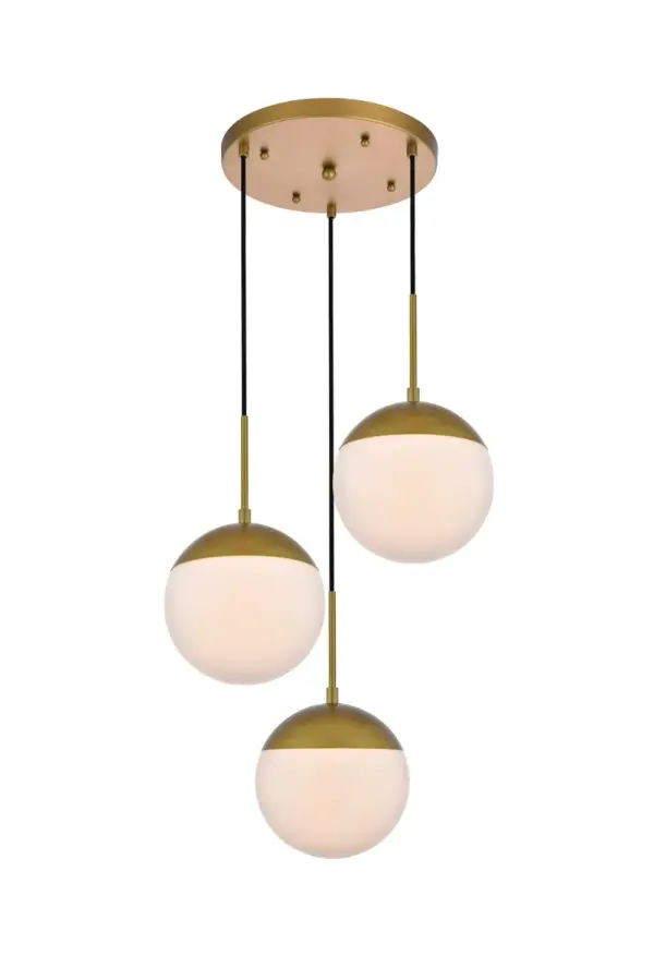 Refined style with a practical design, Eclipse hanging pendant lamps bring cosmopolitan sophistication anywhere, especially to an entryway, office, bathroom, bedroom, or kitchen. The smooth iron frame features a disk-shaped canopy and comes in a brass finish. An adjustable black cord allows you to vary the hanging height from 16 to 78 inches. A touch of color on top of the frosted white spherical glass shade brings character to this classic style. Living in the big city has never been this easy. Collection: Eclipse Rooms: entryway, office, bathroom, bedroom, or kitchen Finish: Brass and frosted white Glass: Frosted White Width: 18.00" Height: 9.00" Length: 18.00" Weight: 10.00 lb Wire: 78.5" Black Canopy: 12"x1"x12" Number of Bulbs: 3 Maximum Wattage: 40.00 W Bulb Type: E26 Bulb Base: E26 Dimmable Voltage: 110.00 V Material: Metal and Glass Country of Origin: China Safety Listing: ETL Safety Rating: UL,ULC Title 20 Title 24 Manufacturer Warranty: 1 year limited Spec Sheet