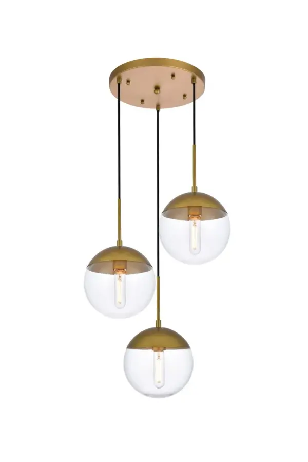 Refined style with a practical design, Eclipse hanging pendant lamps bring cosmopolitan sophistication anywhere, especially to an entryway, office, bathroom, bedroom, or kitchen. The smooth iron frame features a disk-shaped canopy and comes in a brass finish. An adjustable black cord allows you to vary the hanging height from 16 to 78 inches. A touch of color on top of the clear spherical glass shade brings character to this classic style. Living in the big city has never been this easy. Collection: Eclipse Rooms: entryway, office, bathroom, bedroom, or kitchen Finish: Brass and Clear Glass: Clear Width: 18.00" Height: 9.00" Length: 18.00" Weight: 10.00 lb Wire: 78.5" Black Canopy: 12"x1"x12" Number of Bulbs: 3 Maximum Wattage: 40.00 W Bulb Type: E26 Bulb Base: E26 Dimmable Voltage: 110.00 V Material: Metal and Glass Country of Origin: China Safety Listing: ETL Safety Rating: UL,ULC Title 20 Title 24 Manufacturer Warranty: 1 year limited Spec Sheet