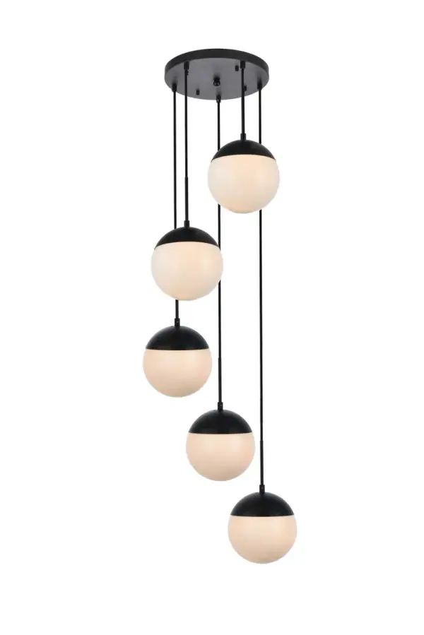 Refined style with a practical design, Eclipse hanging pendant lamps bring cosmopolitan sophistication anywhere, especially to an entryway, office, bathroom, bedroom, or kitchen. The smooth iron frame features a disk-shaped canopy and comes in a black finish. An adjustable black cord allows you to vary the hanging height from 16 to 78 inches. A touch of color on top of the frosted white spherical glass shade brings character to this classic style. Living in the big city has never been this easy. Collection: Eclipse Rooms: entryway, office, bathroom, bedroom, or kitchen Finish: Black and frosted white Glass: Frosted White Width: 18.00" Height: 9.00" Length: 18.00" Weight: 16.00 lb Wire: 78.5" Black Canopy: 12"x1"x12" Number of Bulbs: 5 Maximum Wattage: 40.00 W Bulb Type: E26 Bulb Base: E26 Dimmable Voltage: 110.00 V Material: Metal and Glass Country of Origin: China Safety Listing: ETL Safety Rating: UL,ULC Title 20 Title 24 Manufacturer Warranty: 1 year limited Spec Sheet