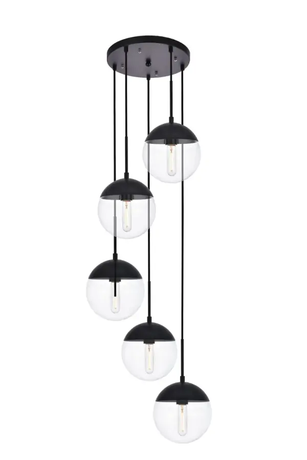 Refined style with a practical design, Eclipse hanging pendant lamps bring cosmopolitan sophistication anywhere, especially to an entryway, office, bathroom, bedroom, or kitchen. The smooth iron frame features a disk-shaped canopy and comes in a black finish. An adjustable black cord allows you to vary the hanging height from 16 to 78 inches. A touch of color on top of the clear spherical glass shade brings character to this classic style. Living in the big city has never been this easy. Collection: Eclipse Rooms: entryway, office, bathroom, bedroom, or kitchen Finish: Black and Clear Glass: Clear Width: 18.00" Height: 9.00" Length: 18.00" Weight: 16.00 lb Wire: 78.5" Black Canopy: 12"x1"x12" Number of Bulbs: 5 Maximum Wattage: 40.00 W Bulb Type: E26 Bulb Base: E26 Dimmable Voltage: 110.00 V Material: Metal and Glass Country of Origin: China Safety Listing: ETL Safety Rating: UL,ULC Title 20 Title 24 Manufacturer Warranty: 1 year limited Spec Sheet