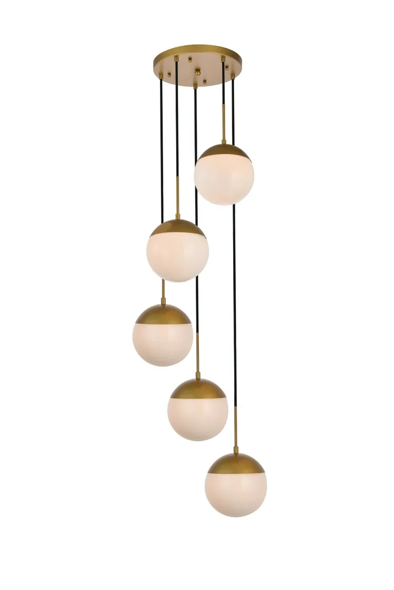 Eclipse Five Light Pendant in Brass and Frosted White