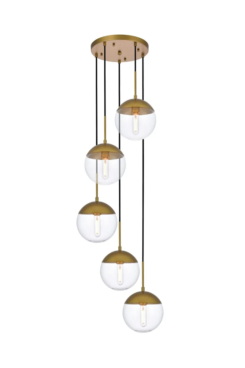 Eclipse Five Light Pendant in Brass and Clear