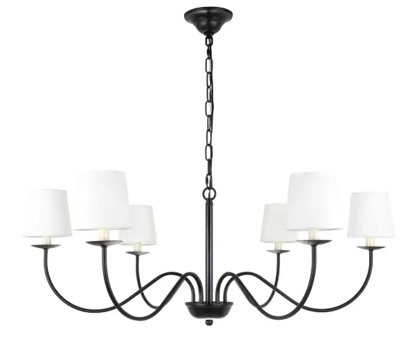 The Eclipse Collections recalls the beautiful past with this charming, and just ever so slightly drama inducing, candle-style chandelier. With six undulating arms that proudly hold up the bright lights, it is as if you are transported into a world of constant debutante balls and society gatherings--even if you really are just hosting a friendly dinner or reading your favorite novel after work. Available in a brass or black finish, you can enjoy the recollections of the past while still enjoying the simple luxuries of your modern day home (light bulbs not included). Collection: Eclipse Rooms: living room, dining room, ktichen, bar Finish: Black and White shade Glass: White Width: 37.00" Height: 13.50" Length: 37.00" Weight: 5.00 lb Chain: 59"Black Wire: 79" Black Canopy: 5.1"x2" Number of Bulbs: 6 Maximum Wattage: 40.00 W Bulb Type: B10 Bulb Base: E12 Dimmable Voltage: 110.00 V Material: Metal and Fabric Country of Origin: China Safety Listing: ETL Safety Rating: Dry Title 20 Title 24 Manufacturer Warranty: 1 year limited Spec Sheet