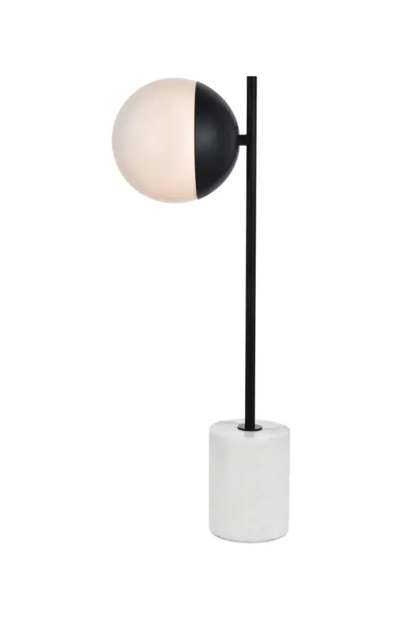 Refined style with a practical design, Eclipse Table Lamp bring cosmopolitan sophistication anywhere, especially to an entryway, office, bathroom, bedroom, or kitchen. The smooth marble base anchors the table lampand comes in a black finish. A touch of color on top of the frosted white spherical glass shade brings character to this classic style. Living in the big city has never been this easy. Collection: Eclipse Rooms: entryway, office, bathroom, bedroom, or kitchen Finish: Black and frosted white Glass: Frosted White Width: 6.00" Height: 22.00" Length: 8.50" Weight: 8.00 lb Wire: 72" Clear Number of Bulbs: 1 Maximum Wattage: 40.00 W Bulb Type: E26 Bulb Base: E26 Voltage: 110.00 V Material: Metal and Glass and Marble Country of Origin: China Safety Listing: ETL Safety Rating: UL,ULC Switch: in line rocker switch Title 20 Manufacturer Warranty: 1 year limited Spec Sheet