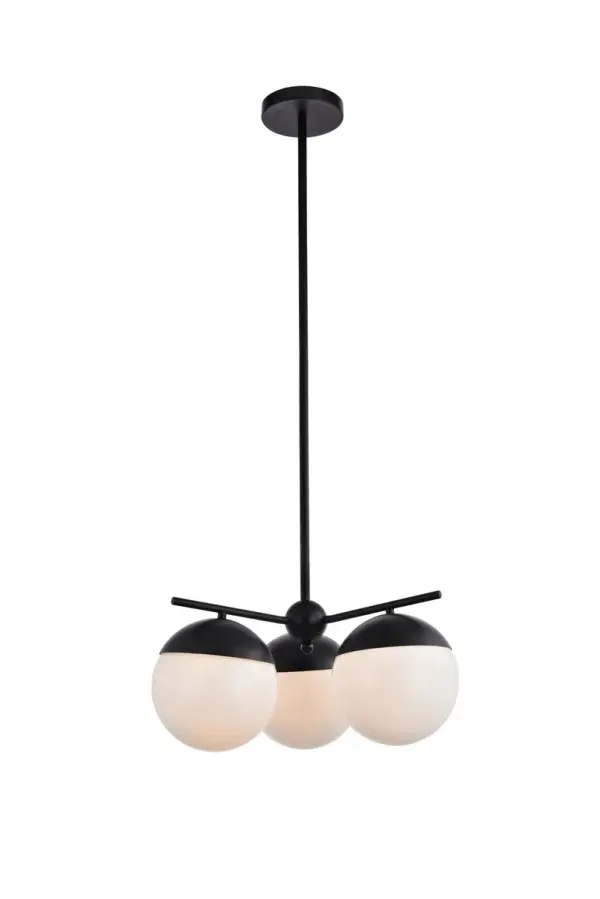 Refined style with a practical design, Eclipse hanging pendant lamps bring cosmopolitan sophistication anywhere, especially to an entryway, office, bathroom, bedroom, or kitchen. The smooth iron frame features a disk-shaped canopy and comes in a black finish. An adjustable black cord allows you to vary the hanging height from 16 to 56 inches. A touch of color on top of the frosted white spherical glass shade brings character to this classic style. Living in the big city has never been this easy. Collection: Eclipse Rooms: entryway, office, bathroom, bedroom, or kitchen Finish: Black and frosted white Glass: Frosted White Width: 21.00" Height: 9.50" Length: 21.00" Weight: 10.00 lb Chain: 46`` Wire: 59" Black Rod: L6"+L12"+L12"+L16" Canopy: 6"x1"x6" Number of Bulbs: 3 Maximum Wattage: 40.00 W Bulb Type: E26 Bulb Base: E26 Dimmable Voltage: 110.00 V Material: Metal and Glass Country of Origin: China Safety Listing: ETL Safety Rating: UL,ULC Title 20 Title 24 Manufacturer Warranty: 1 year limited Spec Sheet